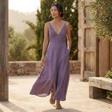 Lavender Cotton Linen Deep V-Neck Cami Maxi Dress
