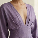 Lavender Cotton-Linen Deep-V Neck Empire Waist Maxi Dress