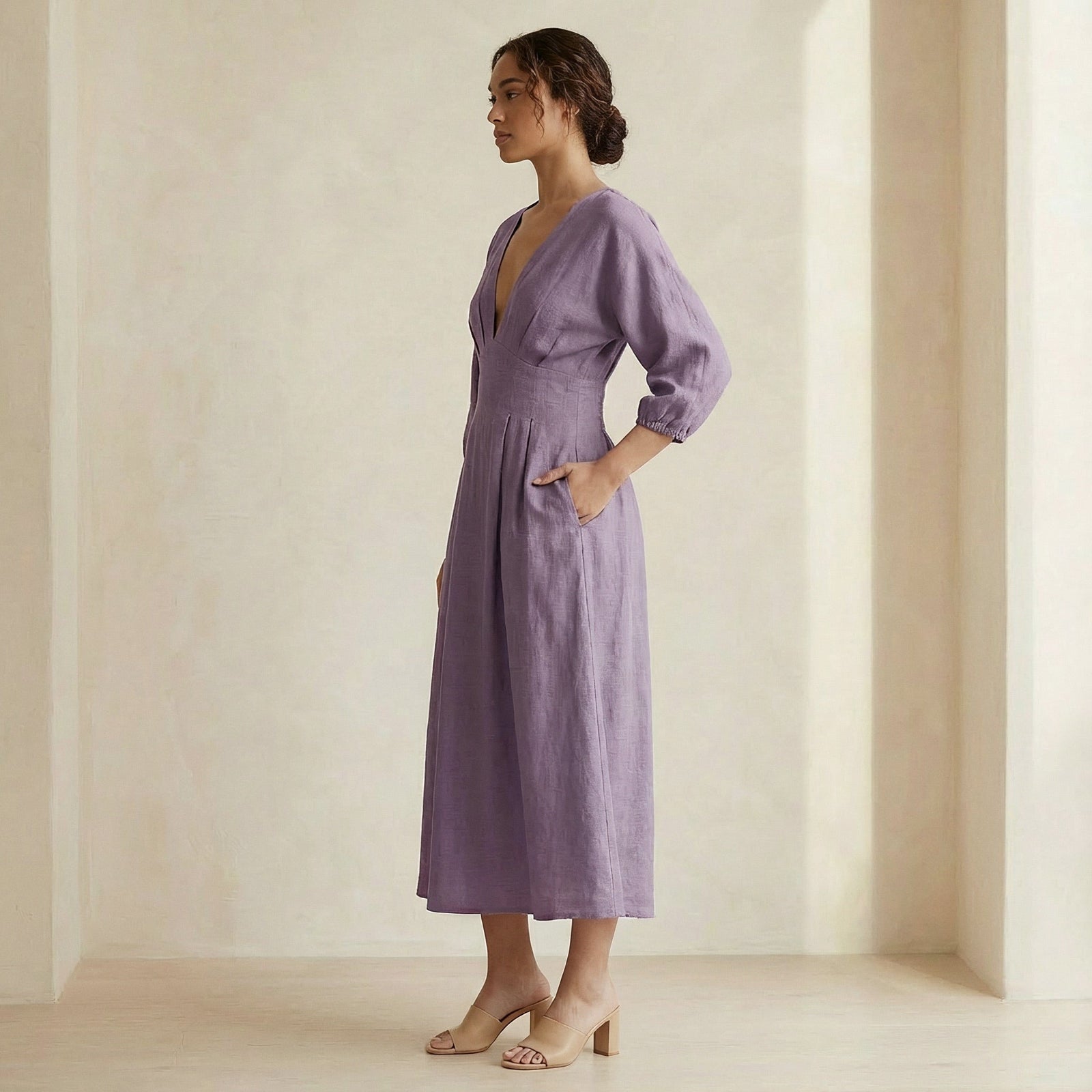Lavender Cotton-Linen Deep-V Neck Empire Waist Maxi Dress 66