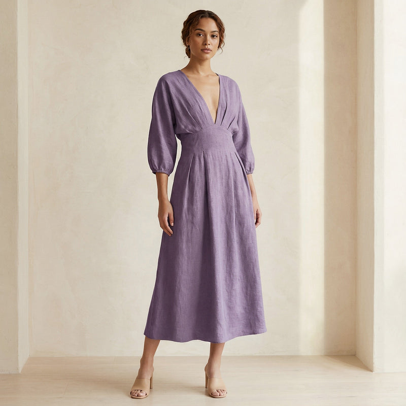 Lavender Cotton-Linen Deep-V Neck Empire Waist Maxi Dress 66 Lavender Cotton-Linen Deep-V Neck Empire Waist Maxi Dress 66