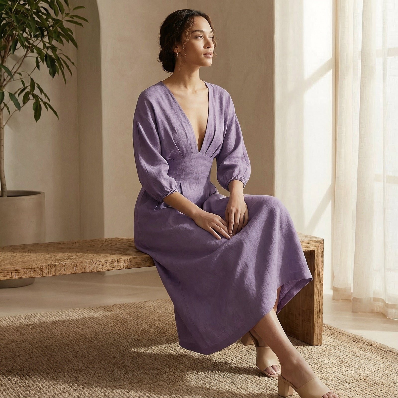 Lavender Cotton-Linen Deep-V Neck Empire Waist Maxi Dress 66