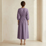 Lavender Cotton-Linen Deep-V Neck Empire Waist Maxi Dress