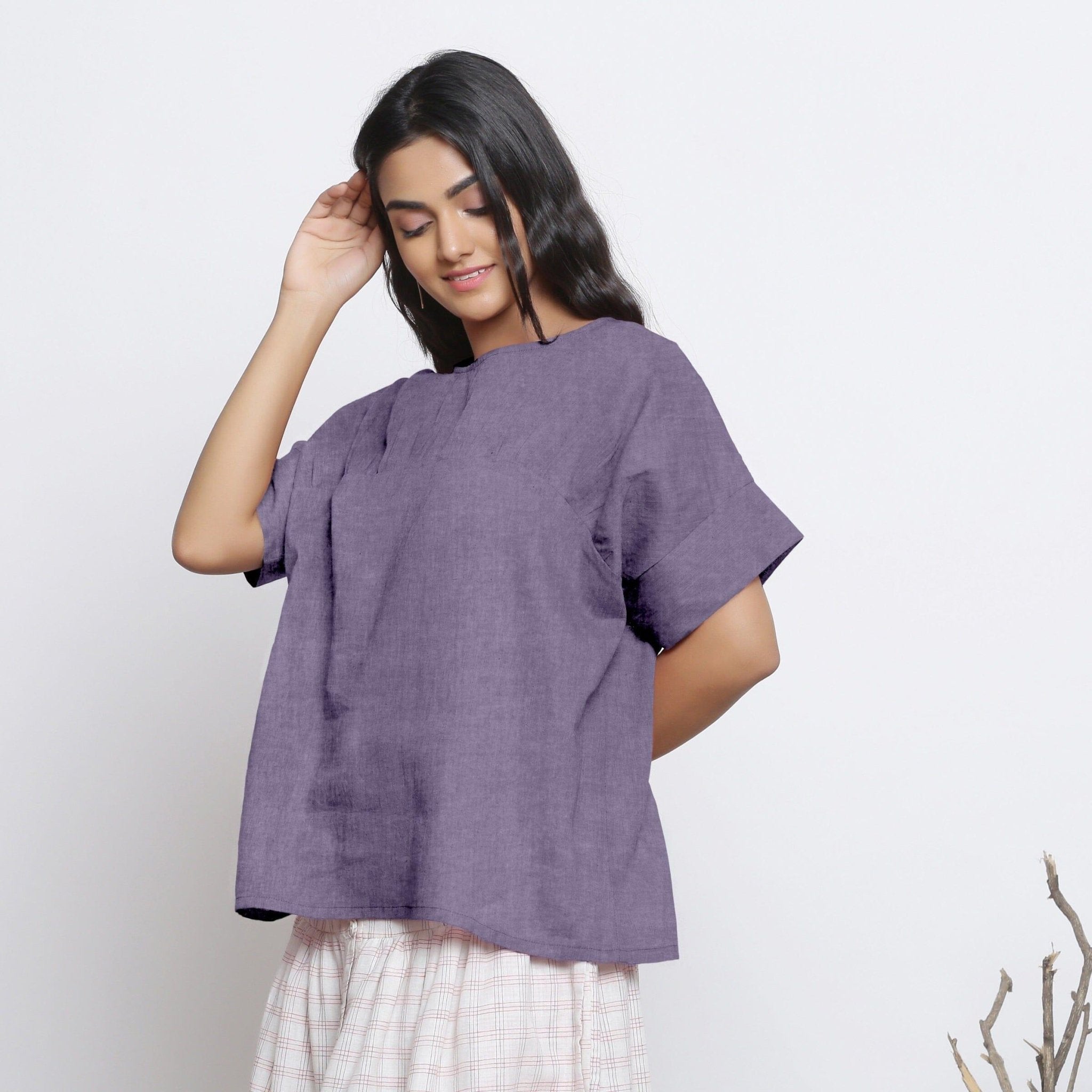 Buy Lavender Cotton Linen Drop Shoulder Sleeves Yoked Top Online at ...