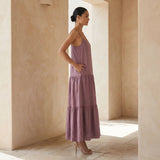 Lavender Cotton Linen Drop-Waist Camisole Maxi Tier Dress