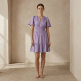 Lavender Cotton Linen Elasticated Short Tier Dress
