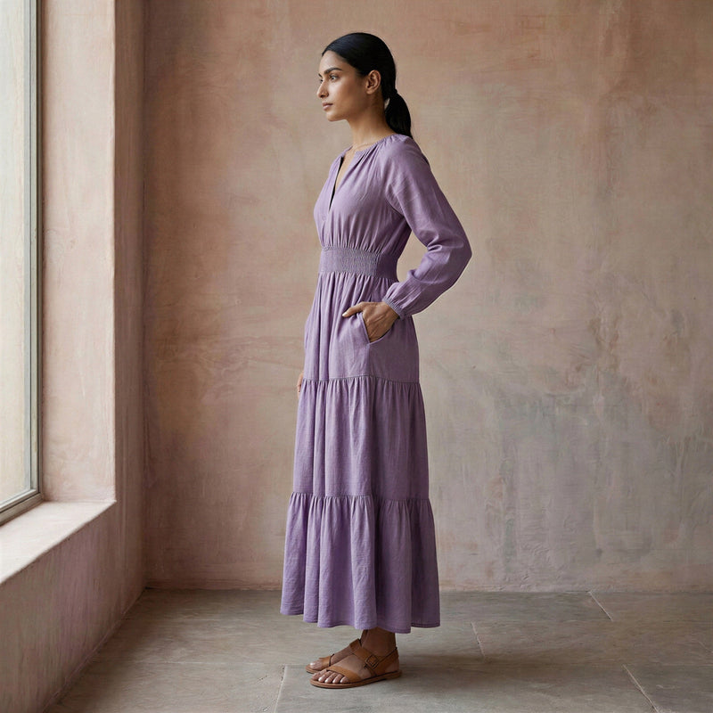 Lavender Cotton Linen Fit and Flare Maxi Tier Dress 26