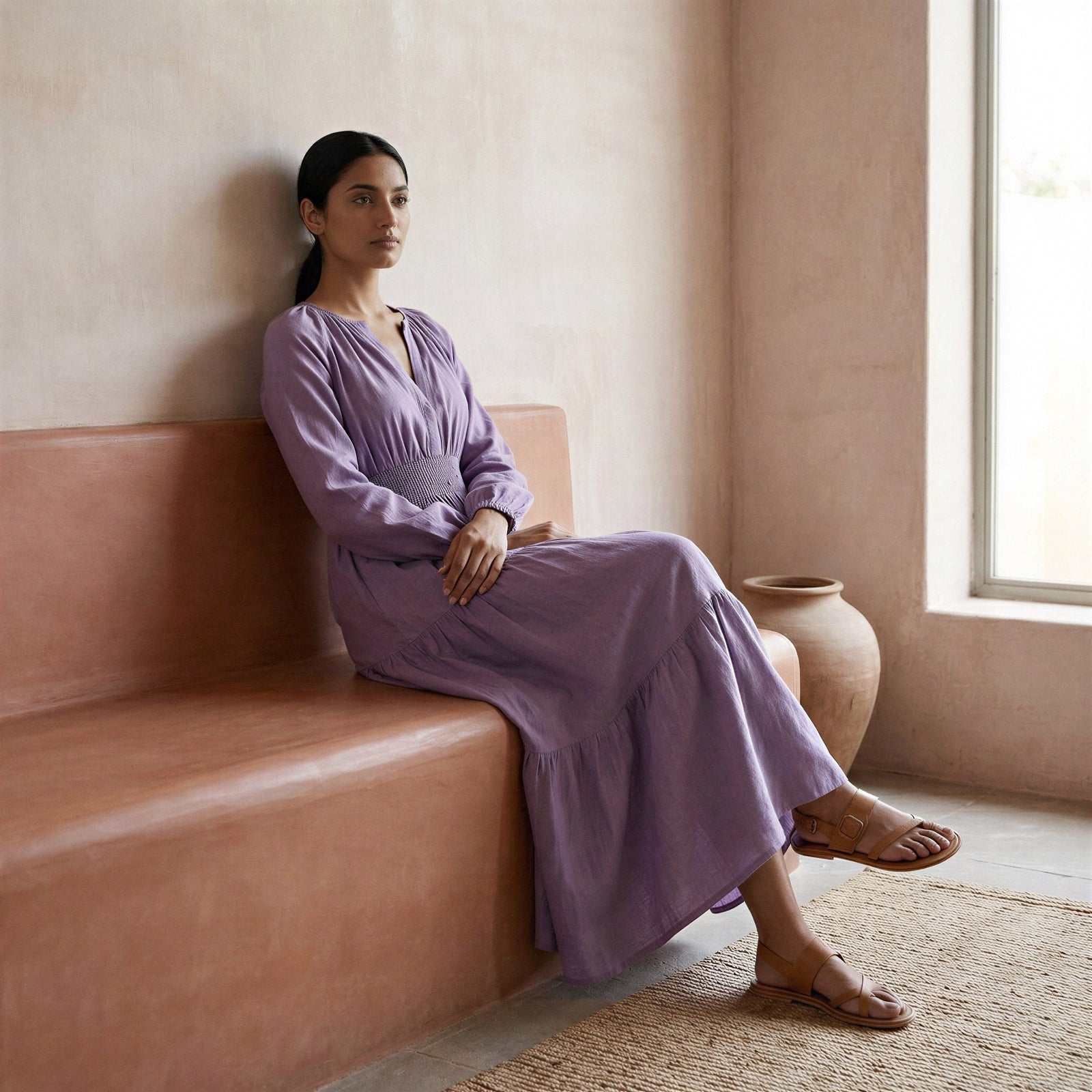lavender cotton dress Linen Fit and Flare Maxi Tier 70