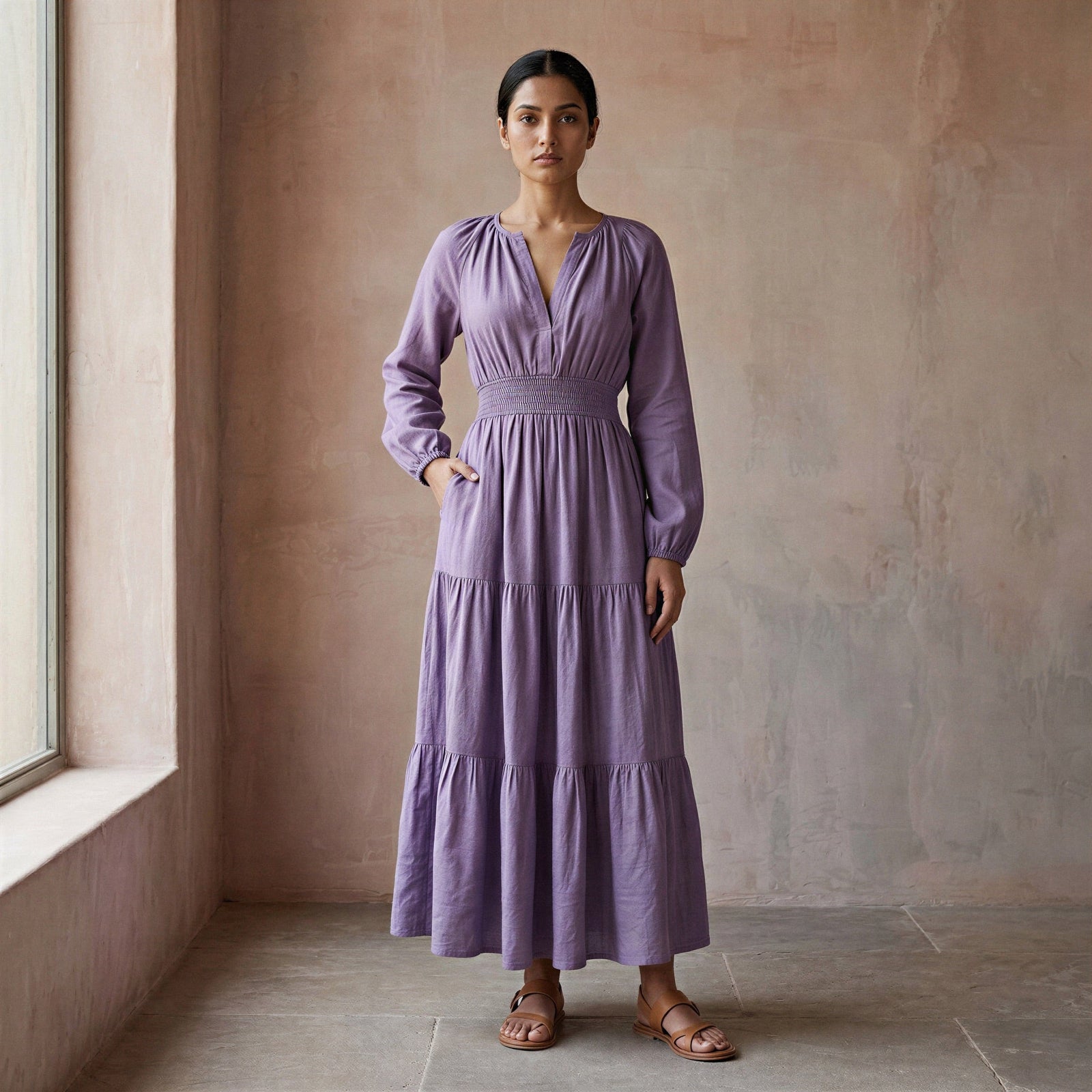 Lavender Cotton Linen Fit and Flare Maxi Tier Dress 26" / Tall (5'7" and above) Lavender Cotton Linen Fit and Flare Maxi Tier Dress 26" / Tall (5'7" and above)