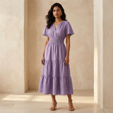 Lavender Cotton Linen Flutter Sleeve Tie-Back Tiered Midi Dress