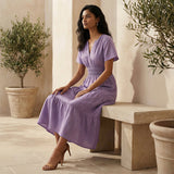 Lavender Cotton Linen Flutter Sleeve Tie-Back Tiered Midi Dress