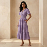 Lavender Cotton Linen Flutter Sleeve Tie-Back Tiered Midi Dress