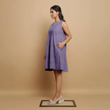 Lavender Cotton Linen Hand Embroidered Knee-Length Godet Dress