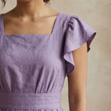 Lavender Cotton Linen Open-Back Fit and Flare Knee Length Dress