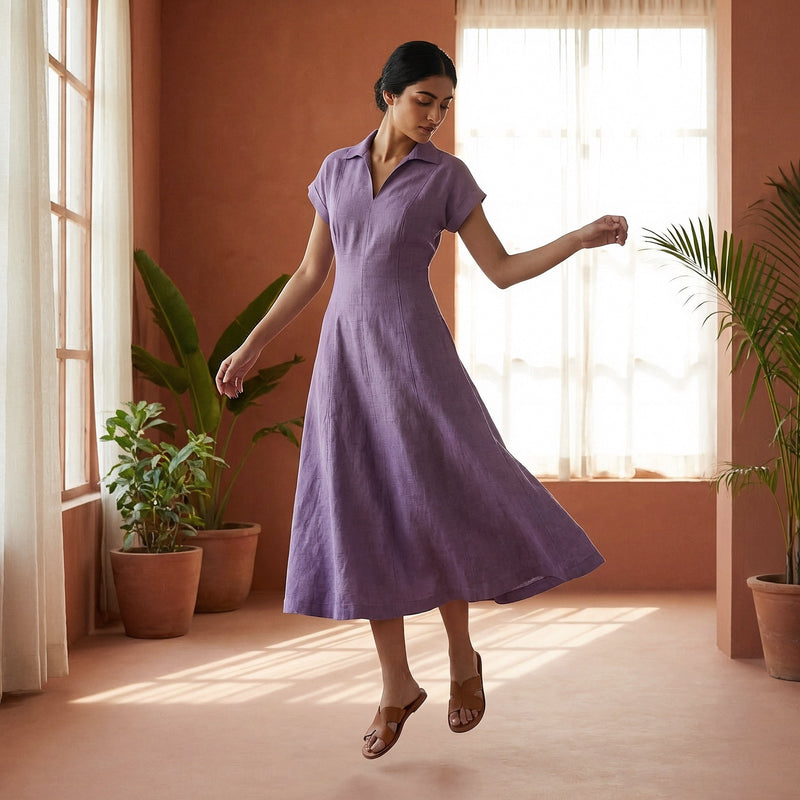 Lavender Cotton Linen Paneled A-Line Midi Dress 50