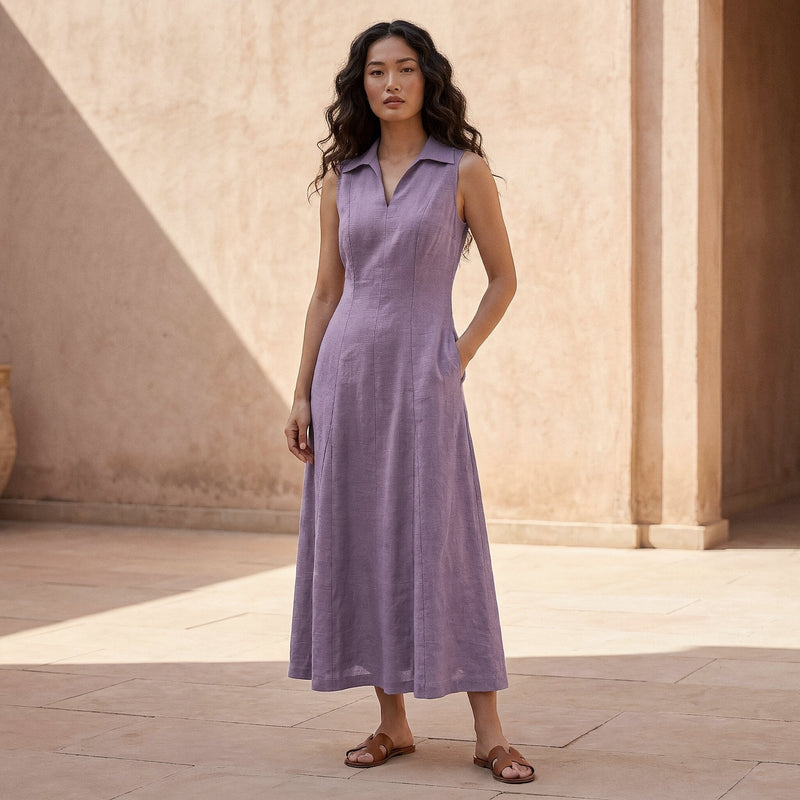 Buy Lavender Cotton Linen Paneled Sleeveless Maxi Dress Online at