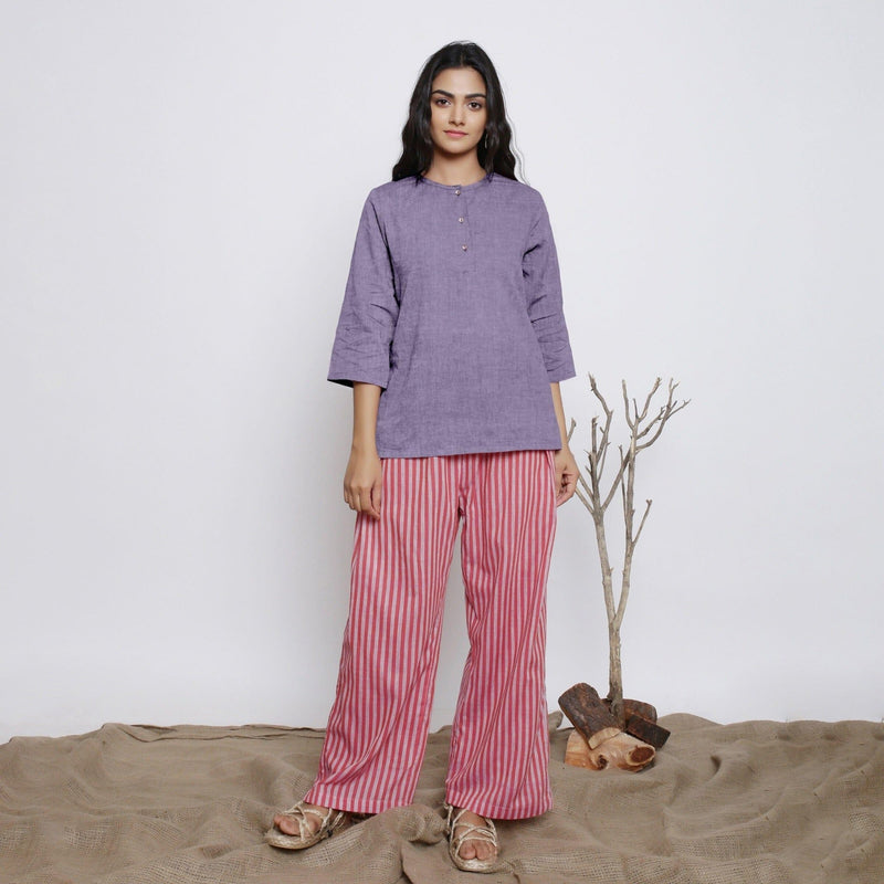 Lavender Cotton Linen Round Neck A-Line Top