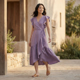 Lavender Cotton Linen Ruffle Midi Wrap Dress