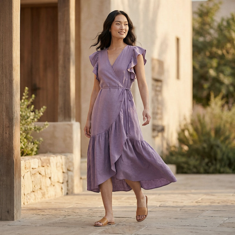Buy Lavender Cotton Linen Ruffle Midi Wrap Dress Online at SeamsFriendly Buy Lavender Cotton Linen Ruffle Midi Wrap Dress Online at SeamsFriendly