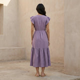 Lavender Cotton Linen Ruffle Midi Wrap Dress