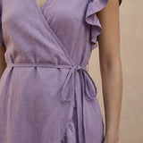 Lavender Cotton Linen Ruffle Midi Wrap Dress