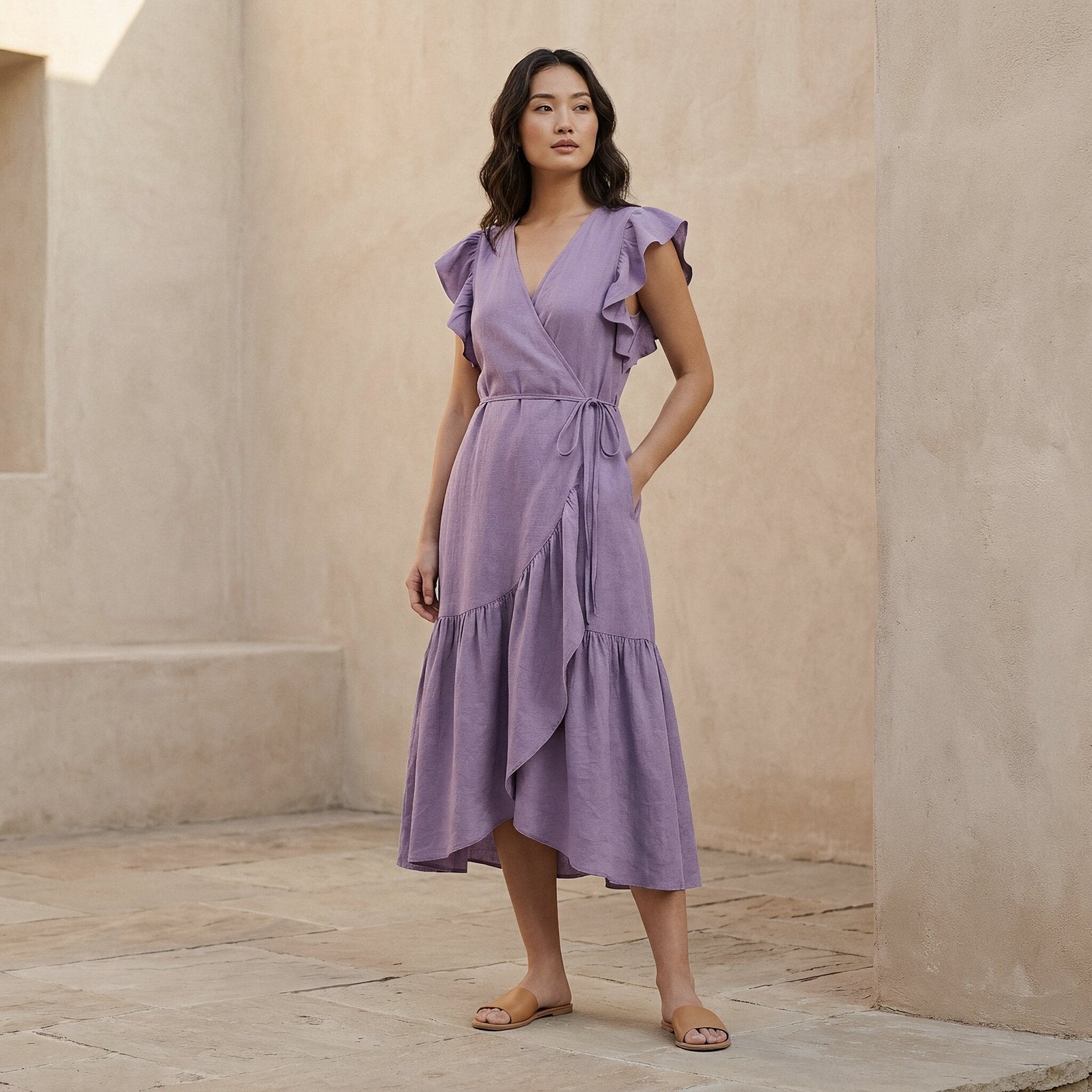 Lavender Cotton Linen Ruffle Midi Wrap Dress 60