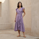 Lavender Cotton Linen Ruffle Midi Wrap Dress