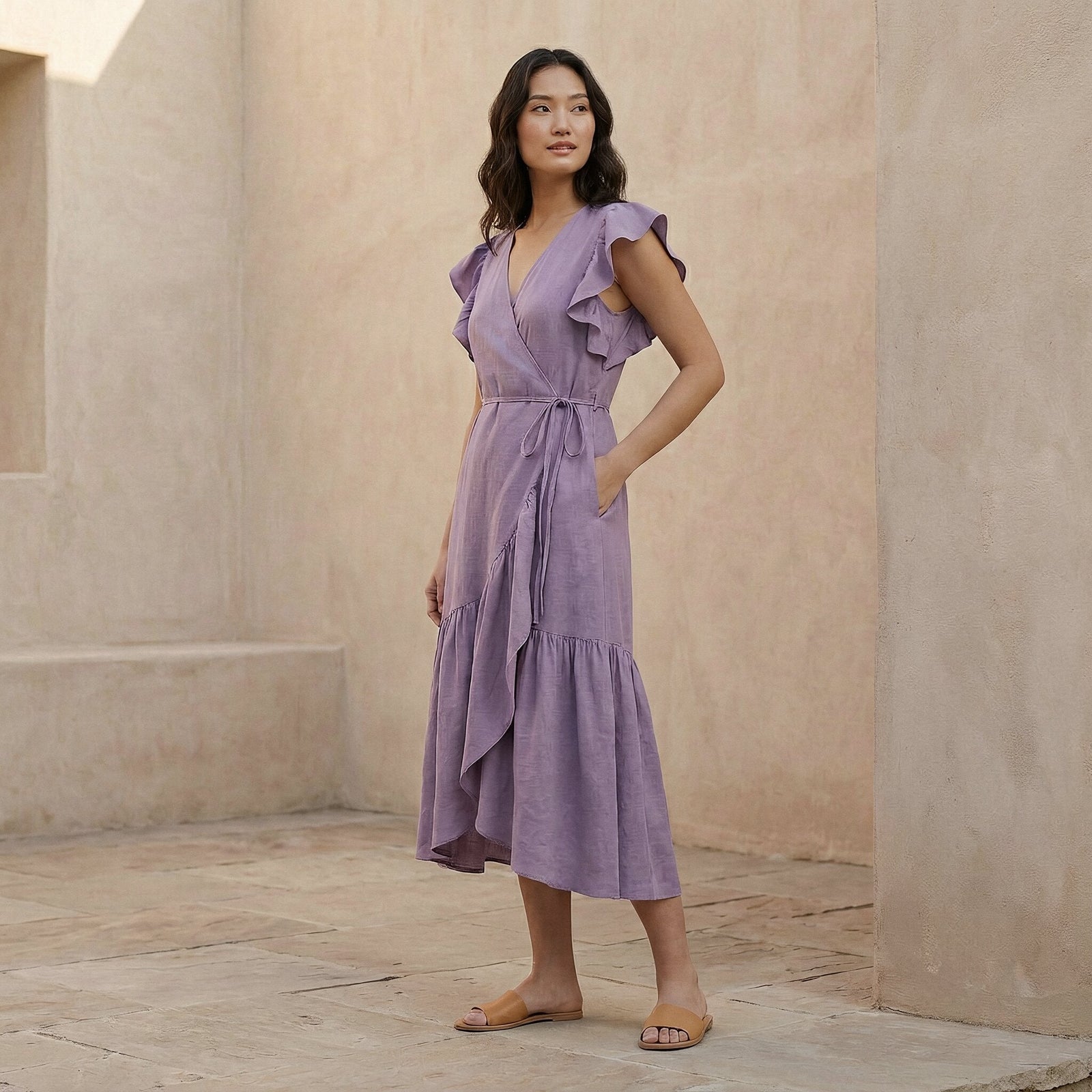 Buy Lavender Cotton Linen Ruffle Midi Wrap Dress Online at