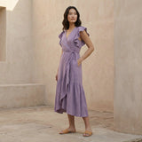 Lavender Cotton Linen Ruffle Midi Wrap Dress
