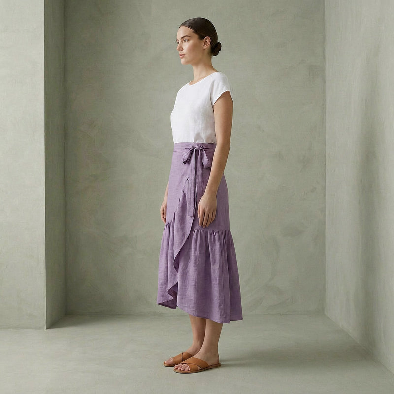 Buy Lavender Cotton Linen Ruffle Midi Wrap Skirt Online at