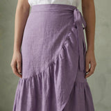 Lavender Cotton Linen Ruffle Midi Wrap Skirt