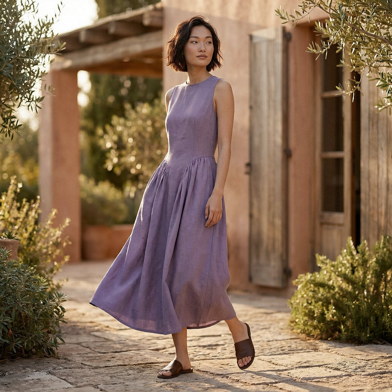 Buy Lavender Cotton Linen Sleeveless Paneled Maxi Dress Online at SeamsFriendly Buy Lavender Cotton Linen Sleeveless Paneled Maxi Dress Online at SeamsFriendly