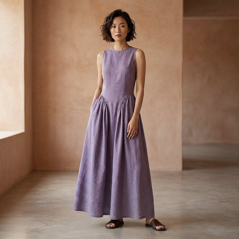 Buy Lavender Cotton Linen Sleeveless Paneled Maxi Dress Online at  SeamsFriendly