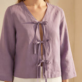 Lavender Cotton Linen Tie-Front Blouse