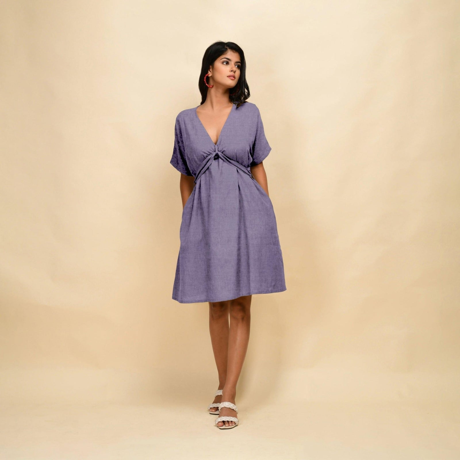 Lavender Cotton Linen V-Neck Knee Length Blouson Dress 34" / Custom Height (Free) Lavender Cotton Linen V-Neck Knee Length Blouson Dress 34" / Custom Height (Free)