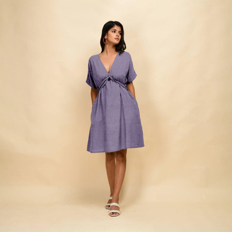 Lavender Cotton Linen V-Neck Knee Length Blouson Dress 64 Lavender Cotton Linen V-Neck Knee Length Blouson Dress 64