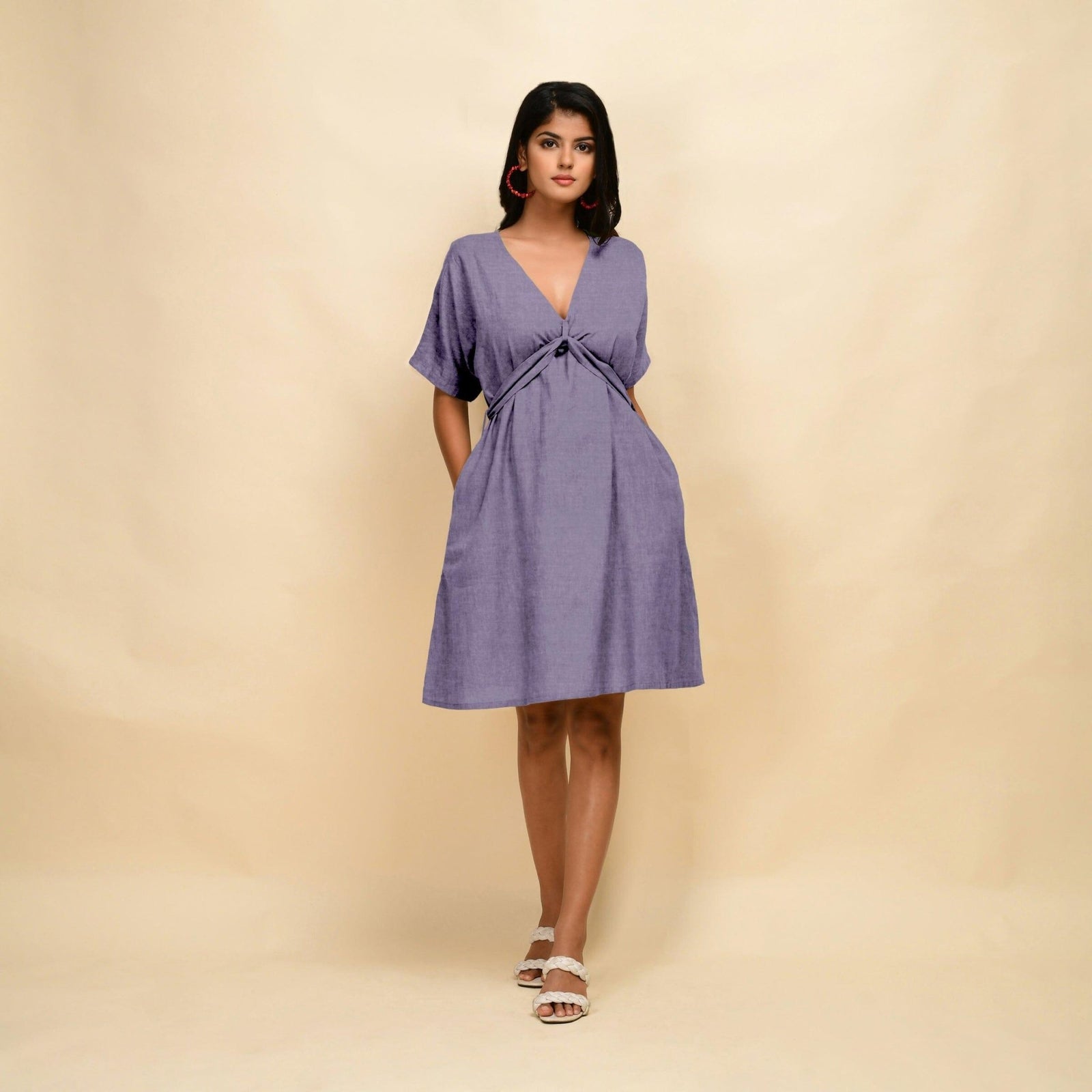 lavender dress knee length Cotton Linen V-Neck Blouson 56