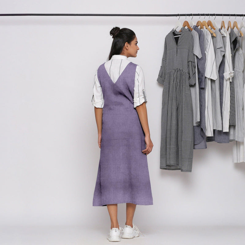 Lavender Cotton Linen V-Neck Midi Pinafore Dress