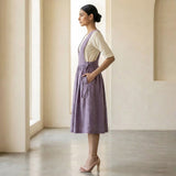 Lavender Cotton-Linen V-Neck Pinafore Midi Wrap Dress