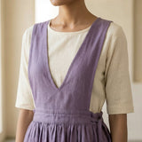 Lavender Cotton-Linen V-Neck Pinafore Midi Wrap Dress