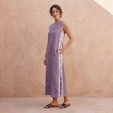 Lavender Cotton Linen Wavy Stripe Maxi Shift Dress