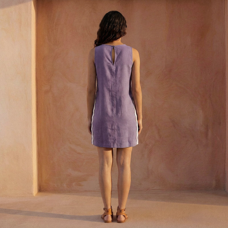 Lavender Cotton Linen Wavy Stripe Short Shift Dress