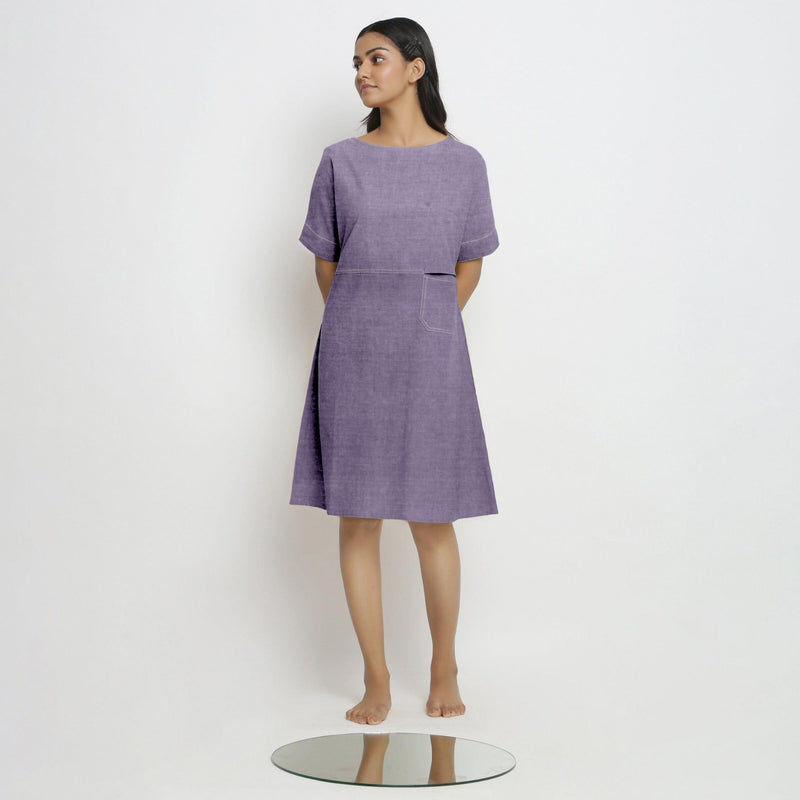 Lavender Cotton Linen Yoked Knee Length Shift Dress