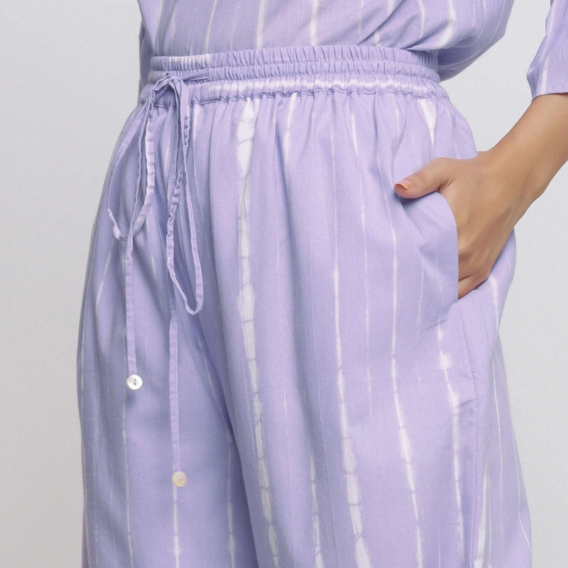 Front Detail of a Model wearing Lavender Hand Tie Dye Cotton Elasticated Wide Legged Pant