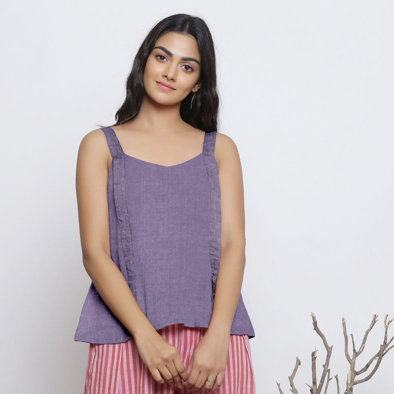 Front View of a Model wearing Lavender Linen Convertible Tie up Top