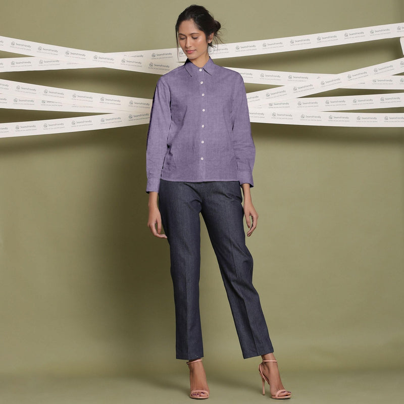 Front View of a Model wearing Lavender Linen Cuff Sleeves Button-Down Shirt