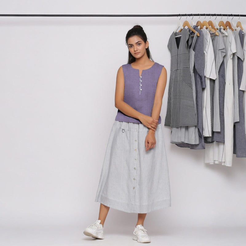 Front View of a Model wearing Lavender Linen Split Neck Button-Down Sleeveless Top