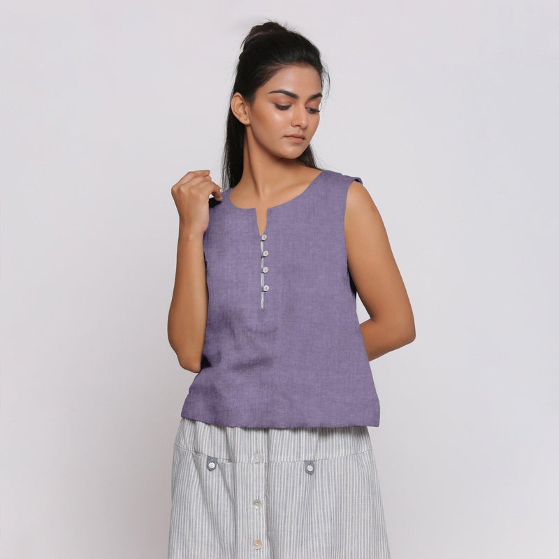 Front View of a Model wearing Lavender Linen Split Neck Button-Down Sleeveless Top