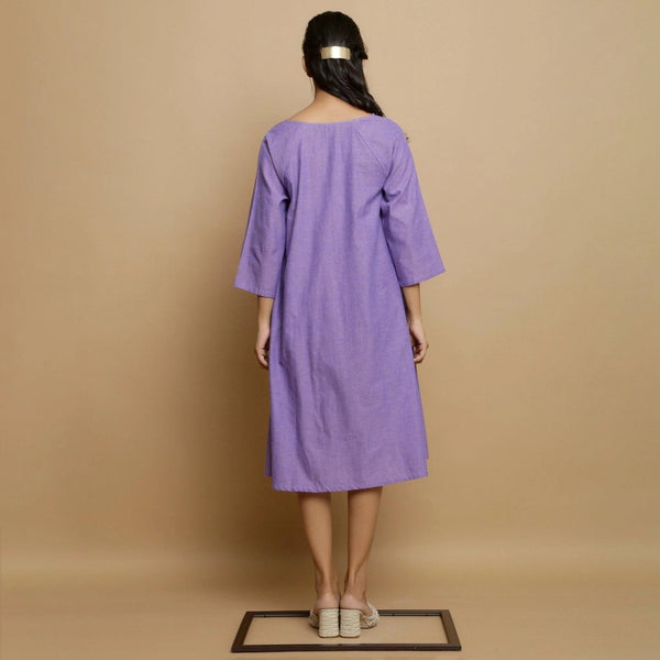 Back View of a Model wearing Lavender Hand-Embroidered Godet Dress