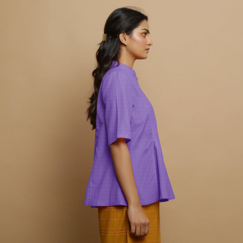 Right View of a Model wearing Lavender Mangalgiri Cotton Godet Top