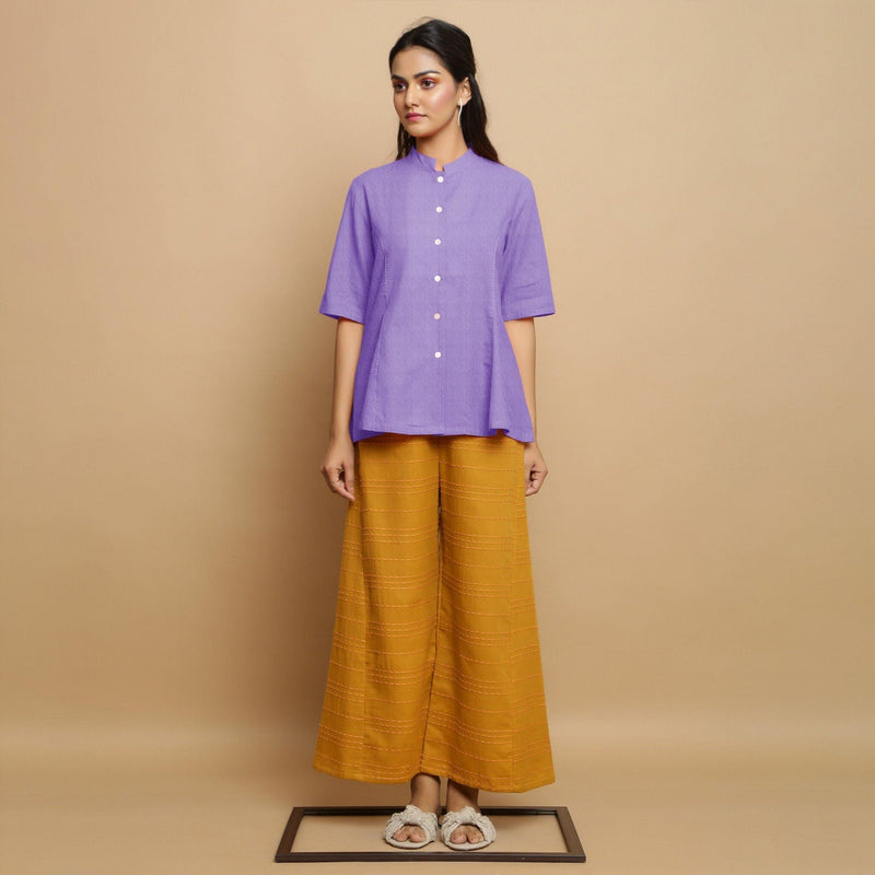 Front View of a Model wearing Lavender Mangalgiri Cotton Godet Top